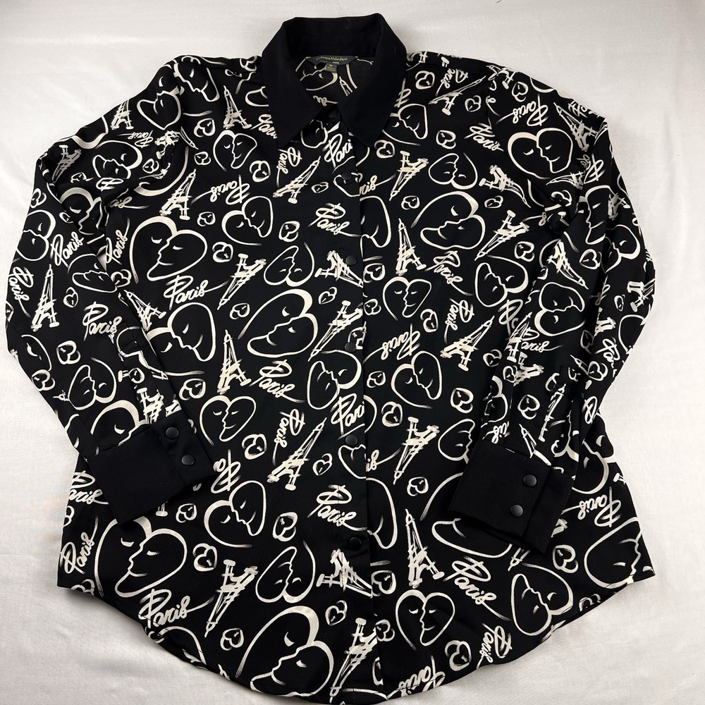 Catherine Malandrino Blouse Black Paris Faces Designer Snap Shirt Sheer Medium